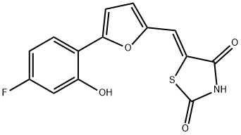 5-[[5-(4-Fluoro-2-hydroxyphenyl)-2-furanyl]methylene]-2,4-thiazolidinedione 化学構造式