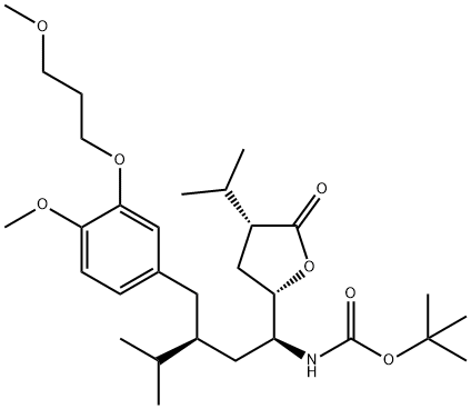 [(1S,3S)-3-[[4-Methoxy-3-(3-methoxypropoxy)phenyl]methyl]-4-methyl-1-[(2S, 4R)-tetrahydro-4-(1-methylethyl)-5-oxo-2-furanyl]pentyl]carbamic Acid 1,1-tert-Butyl Ester Structure
