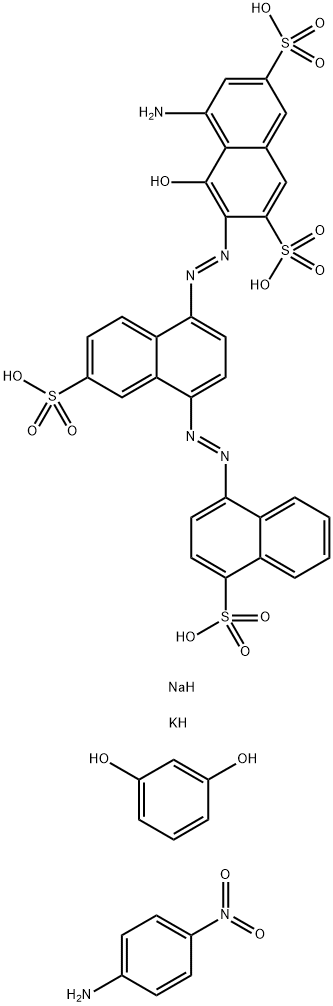 2,7-Naphthalenedisulfonic acid, 5-amino-4-hydroxy-3-[[6-sulfo-4-[(4-sulfo-1-naphthalenyl)azo]-1-naphthalenyl]azo]-, diazotized, coupled with diazotized 4-nitrobenzenamine and resorcinol, potassium sodium salts 结构式
