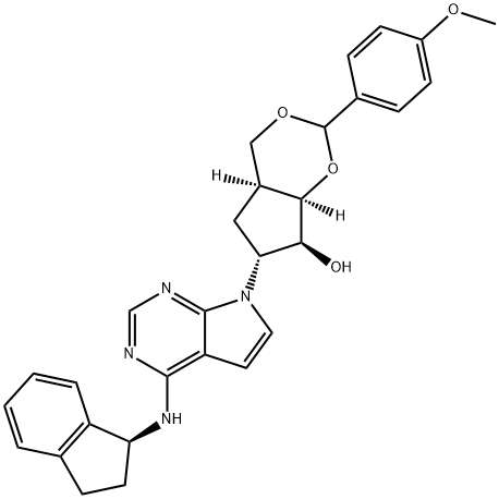 (4aS,6R,7S,7aR)-6-[4-[[(1S)-2,3-Dihydro-1H-inden-1-yl]aMino]-7H-pyrrolo[2,3-d]pyriMidin-7-yl]hexahydro-2-(4-Methoxyphenyl)-cyclopenta-1,3-dioxin-7-ol, 905580-87-2, 结构式