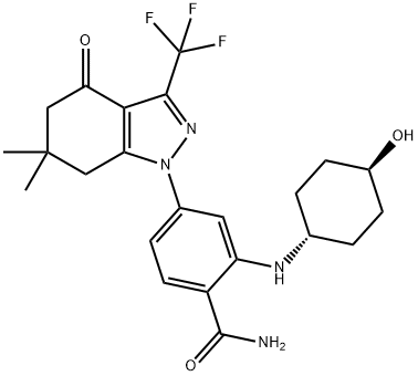 4β-[2-カルバモイル-5-[3-(トリフルオロメチル)-4-オキソ-6,6-ジメチル-4,5,6,7-テトラヒドロ-1H-インダゾール-1-イル]フェニルアミノ]シクロヘキサン-1α-オール 化学構造式