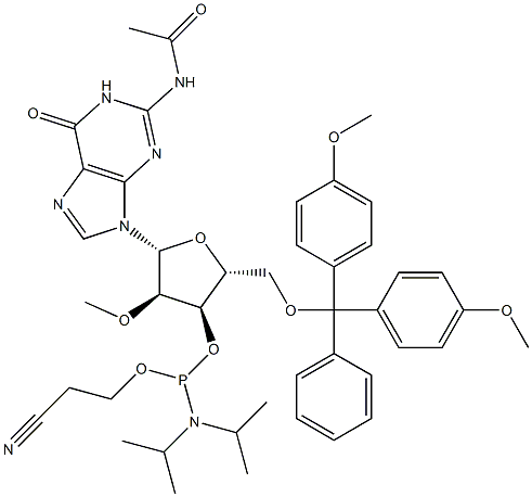 N-乙酰基-5'-O-(4,4-二甲氧基三苯甲基)-2'-O-甲基鸟苷-3'-(2-氰基乙基-N,N-二异丙基)亚磷酰胺,909033-40-5,结构式