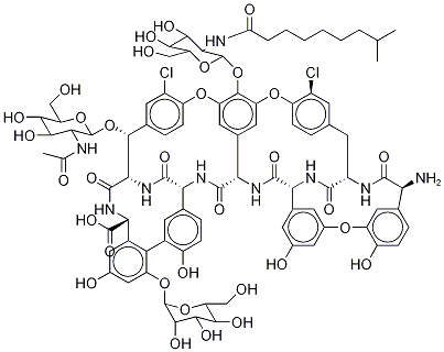 34-O-[2-(アセチルアミノ)-2-デオキシ-β-D-グルコピラノシル]-22,31-ジクロロ-7-デメチル-64-O-デメチル-19-デオキシ-56-O-[2-デオキシ-2-[(8-メチル-1-オキソノニル)アミノ]-β-D-グルコピラノシル]-42-O-α-D-マンノピラノシルリストマイシンAアグリコン 化学構造式