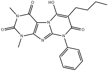 Pyrimido[2,1-f]purine-2,4,8(1H,3H,9H)-trione,  7-butyl-6-hydroxy-1,3-dimethyl-9-phenyl- Structure