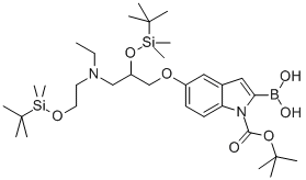 1H-Indole-1-carboxylic acid, 2-borono-5-[2-[[(1,1-dimethylethyl)dimethylsilyl]oxy]-3-[[2-[[(1,1-dimethylethyl)dimethylsilyl]oxy]ethyl]ethylamino]propoxy]-, 1-(1,1-dimethylethyl) ester Structure