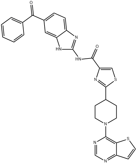 4-ThiazolecarboxaMide, N-(6-benzoyl-1H-benziMidazol-2-yl)-2-(1-thieno[3,2-d]pyriMidin-4-yl-4-piperidinyl)- 化学構造式