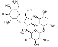 4-O-(2-アミノ-2-デオキシ-α-D-グルコピラノシル)-5-O-[3-O-(2,6-ジアミノ-2,6-ジデオキシ-β-L-イドピラノシル)-β-D-リボフラノシル]-3-アミノ-2,3-ジデオキシ-D-myo-イノシトール 化学構造式