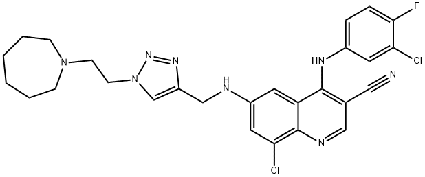 8-C氯-4-[(3-氯-4-氟苯基)氨基]-6-[[[1-[2-(六氢-1H-氮杂-1-基)乙基]-1H-1,2,3-三唑-4-基]甲基]氨基]-3-喹啉甲腈,915365-57-0,结构式