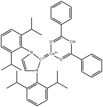 [1,3-ビス(2,6-ジイソプロピルフェニル)イミダゾール-2-イリデン](1,3-ジフェニル-1,3-プロパンジオナト)銅(I) 化学構造式