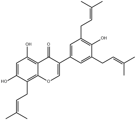 5,7-Dihydroxy-3-[4-hydroxy-3,5-bis(3-methyl-2-butenyl)phenyl]-8-(3-methyl-2-butenyl)-4H-1-benzopyran-4-one Struktur