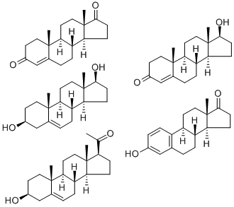 プレグネノロン/アンドロステンジオン/アンドロステンジオール/テストステロン,(1mg:1.5mg:0.5mg:1mg) 化学構造式