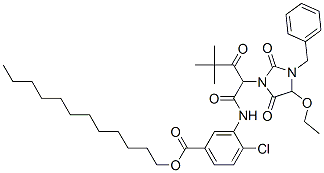 2-(1-ベンジル-5-エトキシ-2,4-ジオキソイミダゾリジン-3-イル)-2′-クロロ-5′-ドデシルオキシカルボニル-4,4-ジメチル-3-オキソペンタンアニリド 化学構造式