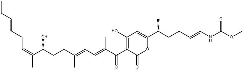 [5-[4-ヒドロキシ-3-(8-ヒドロキシ-2,5,9-トリメチル-1-オキソ-2,4,9,12-ペンタデカテトラエニル)-2-オキソ-2H-ピラン-6-イル]-1-ヘキセニル]カルバミド酸メチル 化学構造式