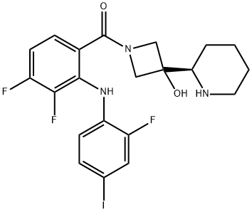 [3,4-二氟-2-[(2-氟-4-碘苯基)氨基]苯基][3-羟基-3-[(2R)-2-哌啶基]-1-氮杂环丁基]甲酮, 934660-94-3, 结构式