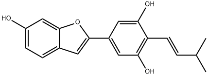 5-(6-ヒドロキシベンゾフラン-2-イル)-2-(3-メチルブタ-1-エニル)ベンゼン-1,3-ジオール 化学構造式