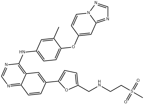 6-[5-[[[2-(メチルスルホニル)エチル]アミノ]メチル]-2-フラニル]-N-[3-メチル-4-([1,2,4]トリアゾロ[1,5-A]ピリジン-7-イルオキシ)フェニル]-4-キナゾリンアミン 化学構造式