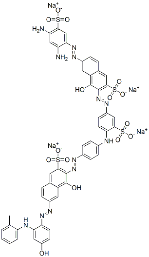 6-[(2,4-ジアミノ-5-ソジオオキシスルホニルフェニル)アゾ]-4-ヒドロキシ-3-[[4-[[4-[[1-ヒドロキシ-7-[[4-ヒドロキシ-2-[(2-メチルフェニル)アミノ]フェニル]アゾ]-3-ソジオオキシスルホニル-2-ナフチル]アゾ]フェニル]アミノ]-3-ソジオオキシスルホニルフェニル]アゾ]-2-ナフタレンスルホン酸ナトリウム 化学構造式