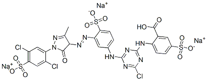 trisodium hydrogen 2-[[4-chloro-6-[[3-[[1-(2,5-dichloro-4-sulphonatophenyl)-4,5-dihydro-3-methyl-5-oxo-1H-pyrazol-4-yl]azo]-4-sulphonatophenyl]amino]-1,3,5-triazin-2-yl]amino]-5-sulphonatobenzoate 结构式