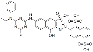 2-[[6-[[4-(エチルフェニルアミノ)-6-フルオロ-1,3,5-トリアジン-2-イル]アミノ]-1-ヒドロキシ-3-スルホ-2-ナフタレニル]アゾ]-1,5-ナフタレンジスルホン酸 化学構造式