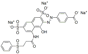 4-[[1-ヒドロキシ-8-[[1-オキソ-3-(フェニルスルホニル)プロピル]アミノ]-3,6-ビス(ソジオスルホ)-2-ナフタレニル]アゾ]安息香酸ナトリウム 化学構造式
