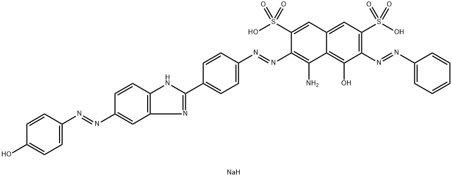 4-アミノ-5-ヒドロキシ-3-[[4-[5-[(4-ヒドロキシフェニル)アゾ]-1H-ベンゾイミダゾール-2-イル]フェニル]アゾ]-6-(フェニルアゾ)-2,7-ナフタレンジスルホン酸ジナトリウム 化学構造式