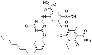 4-[[[5-(アミノカルボニル)-1-エチル-1,6-ジヒドロ-2-ヒドロキシ-4-メチル-6-オキソピリジン]-3-イル]アゾ]-6-[[4-クロロ-6-(4-ノニルフェノキシ)-1,3,5-トリアジン-2-イル]アミノ]-1,3-ベンゼンジスルホン酸 化学構造式