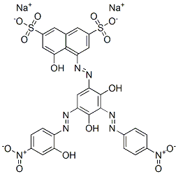 disodium 4-[[2,4-dihydroxy-5-[(2-hydroxy-4-nitrophenyl)azo]-3-[(4-nitrophenyl)azo]phenyl]azo]-5-hydroxynaphthalene-2,7-disulphonate Struktur