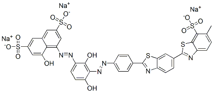 trisodium 4-[[2,4-dihydroxy-3-[[4-(6-methyl-7-sulphonato[2,6'-bibenzothiazol]-2'-yl)phenyl]azo]phenyl]azo]-5-hydroxynaphthalene-2,7-disulphonate  Structure