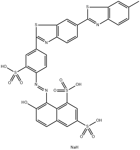 7-hydroxy-8-[[4-(6-methyl[2,6'-bibenzothiazol]-2'-yl)-2-sulphophenyl]azo]naphthalene-1,3-disulphonic acid, sodium salt 结构式