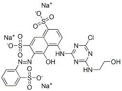 trisodium 4-[[4-chloro-6-[(2-hydroxyethyl)amino]-1,3,5-triazin-2-yl]amino]-5-hydroxy-6-[(2-sulphonatophenyl)azo]naphthalene-1,7-disulphonate Structure