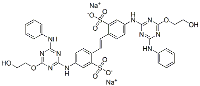2,2'-(1,2-エテンジイル)ビス[5-[[4-(2-ヒドロキシエトキシ)-6-(フェニルアミノ)-1,3,5-トリアジン-2-イル]アミノ]ベンゼンスルホン酸ナトリウム] 化学構造式