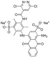 1-アミノ-4-[[3-[[(3,6-ジクロロピリダジン-4-イル)カルボニル]アミノ]-2,4,6-トリメチル-5-(ソジオスルホ)フェニル]アミノ]-9,10-ジヒドロ-9,10-ジオキソアントラセン-2-スルホン酸ナトリウム 化学構造式