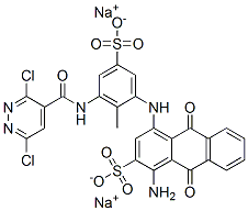 1-アミノ-4-[[3-[[(3,6-ジクロロピリダジン-4-イル)カルボニル]アミノ]-2-メチル-5-(ソジオスルホ)フェニル]アミノ]-9,10-ジヒドロ-9,10-ジオキソアントラセン-2-スルホン酸ナトリウム 化学構造式