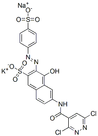 6-[[(3,6-dichloropyridazin-4-yl)carbonyl]amino]-4-hydroxy-3-[(4-sulphophenyl)azo]naphthalene-2-sulphonic acid, potassium sodium salt 结构式