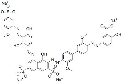 5-[[4'-[[8-[[2,4-dihydroxy-3-[(2-methoxy-5-sulphophenyl)azo]phenyl]azo]-1-hydroxy-3,6-disulpho-2-naphthyl]azo]-3,3'-dimethoxy[1,1'-biphenyl]-4-yl]azo]salicylic acid, sodium salt 结构式