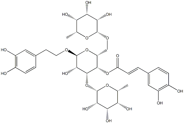 2-(3,4-Dihydroxyphenyl)ethyl 3-O,6-O-bis(α-L-rhamnopyranosyl)-4-O-[(E)-3-(3,4-dihydroxyphenyl)propenoyl]-β-D-glucopyranoside Struktur