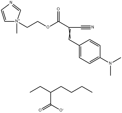 1-[2-[[2-シアノ-3-[4-(ジメチルアミノ)フェニル]-1-オキソ-2-プロペニル]オキシ]エチル]-1-メチルイミダゾリウム・2-エチルヘキサン酸 化学構造式