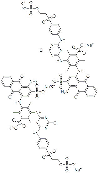 2-Anthracenesulfonic acid, 1-amino-4-[[3-[[4-chloro-6-[[4-[[2-(sulfooxy)ethyl]sulfonyl]phenyl]amino]-1,3,5-triazin-2-yl]amino]-2,4,6-trimethyl-5-sulfophenyl]amino]-9,10-dihydro-9,10-dioxo-, potassium sodium salt Struktur