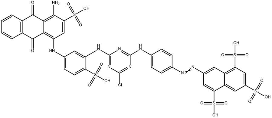 7-[4-[4-[5-[(4-アミノ-9,10-ジヒドロ-9,10-ジオキソ-3-スルホアントラセン)-1-イルアミノ]-2-スルホフェニルアミノ]-6-クロロ-1,3,5-トリアジン-2-イルアミノ]フェニルアゾ]-1,3,5-ナフタレントリスルホン酸 化学構造式