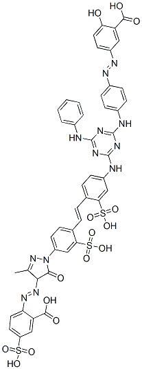 Benzoic acid, 2-[[1-[4-[2-[4-[[4-[[4-[(3-carboxy-4-hydroxyphenyl)azo]phenyl]amino]-6-(phenylamino)-1,3,5-triazin-2-yl]amino]-2-sulfophenyl]ethenyl]-3-sulfophenyl]-4,5-dihydro-3-methyl-5-oxo-1H-pyrazol-4-yl]azo]-5-sulfo- Structure