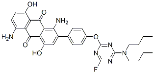 1,5-ジアミノ-2-[4-[4-(ジブチルアミノ)-6-フルオロ-1,3,5-トリアジン-2-イルオキシ]フェニル]-4,8-ジヒドロキシ-9,10-アントラキノン 化学構造式