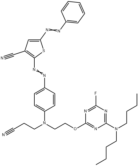 2-[[4-[(2-cyanoethyl)[2-[[4-(dibutylamino)-6-fluoro-1,3,5-triazin-2-yl]oxy]ethyl]amino]phenyl]azo]-5-(phenylazo)thiophene-3-carbonitrile 结构式