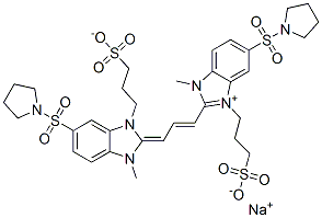 1H-Benzimidazolium, 2-[3-[1,3-dihydro-1-methyl-5-(1-pyrrolidinylsulfonyl)-3-(3-sulfopropyl)-2H-benzimidazol-2-ylidene]-1-propenyl]-1-methyl-5-(1-pyrrolidinylsulfonyl)-3-(3-sulfopropyl)-, hydroxide, inner salt, sodium salt Structure