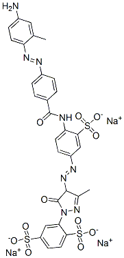 trisodium 2-[4-[[4-[[4-[(4-amino-2-methylphenyl)azo]benzoyl]amino]-3-sulphonatophenyl]azo]-4,5-dihydro-3-methyl-5-oxo-1H-pyrazol-1-yl]benzene-1,4-disulphonate Struktur