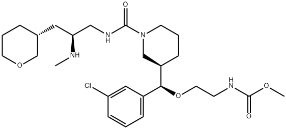 CARBAMIC ACID, N-[2-[(R)-(3-CHLOROPHENYL)[(3R)-1-[[[(2S)-2-(METHYLAMINO)-3-[(3R)-TETRAHYDRO-2H-PYRAN-3-YL]PROPYL]AMINO]CARBONYL]-3-PIPERIDINYL]METHOXY]ETHYL]-, METHYL ESTER Structure
