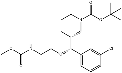 (R) - (3-氯苯基)(2 - ((甲氧羰基)氨基)乙氧基)甲基)哌啶-1-甲酸叔丁酯, 942142-79-2, 结构式