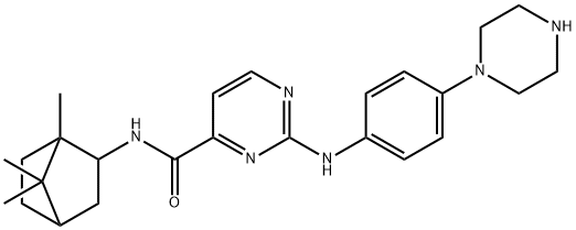 4-PYRIMIDINECARBOXAMIDE, 2-[[4-(1-PIPERAZINYL)PHENYL]AMINO]-N-(1,7,7-TRIMETHYLBICYCLO[2.2.1]HEPT-2-YL)- Structure