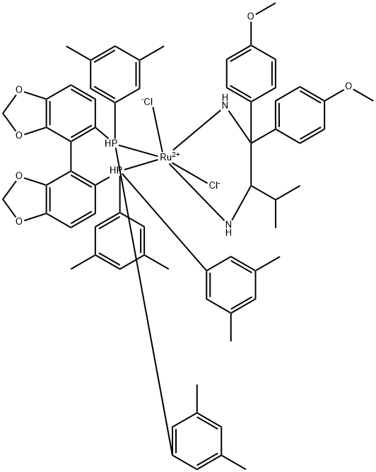 Dichloro{(S)-(-)-5,5'-bis[di(3,5-xylyl)phosphino]-4,4'-bi-1,3-benzodioxole}[(2S)-(+)-1,1-bis(4-methoxyphenyl)-3-methyl-1,2-butanediamine]ruthenium(II) Struktur