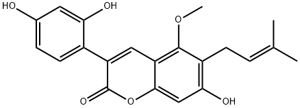 3-(2,4-ジヒドロキシフェニル)-6-(3-メチル-2-ブテニル)-5-メトキシ-7-ヒドロキシ-2H-1-ベンゾピラン-2-オン 化学構造式