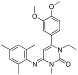 6-(3,4-ジメトキシフェニル)-1-エチル-3-メチル-4-[(E)-(2,4,6-トリメチルフェニル)イミノ]-3,4-ジヒドロピリミジン-2(1H)-オン 化学構造式
